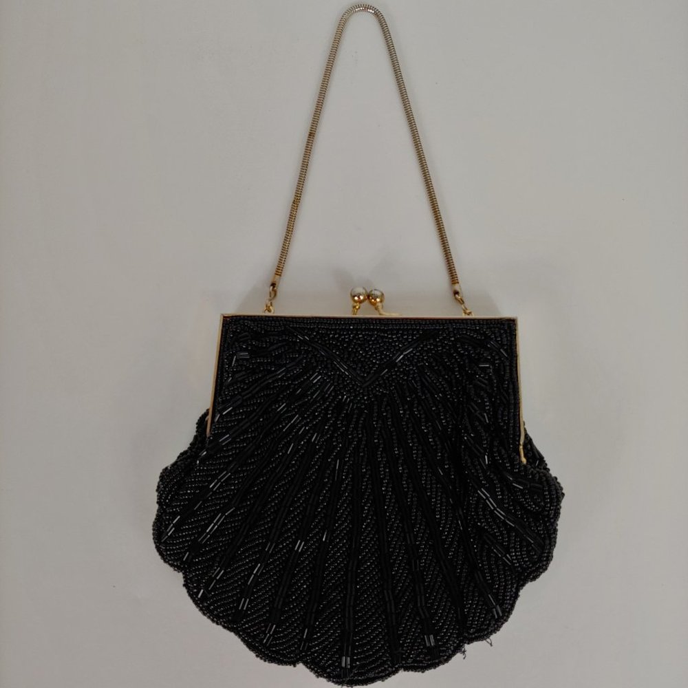 Vintage Beaded Clamshell Purse Snake Chain Bag Black Evening 1980's